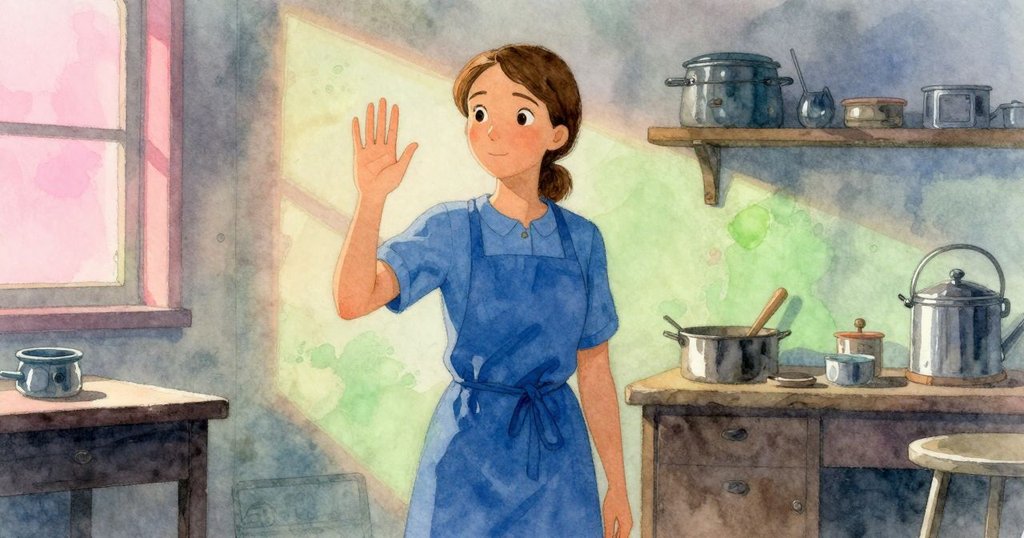 Verity在夕光中於工作坊內揮手告別，背景溫柔亮暗交錯呈現織機與工具，情意綿長透出平靜與期盼