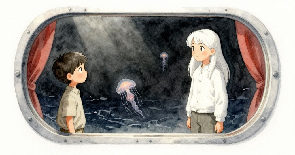 透過大玻璃艙窗可見深海中透明水母緩緩漂浮,Theo與Zara倒影映現其中,展現神秘又寧靜的場景。