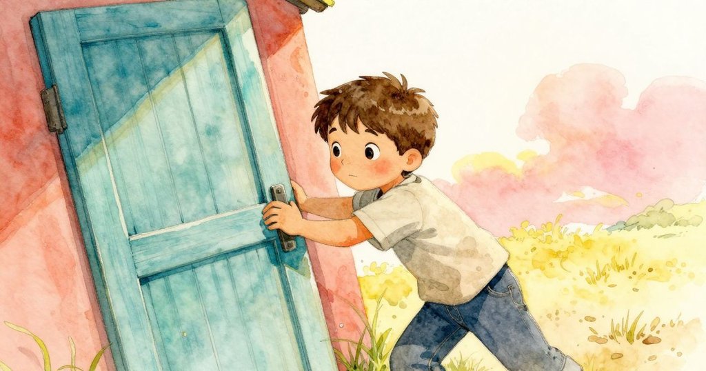 凱恩推開工作室破舊的門，腳踢木楔使窗閂彈起，光線透過營造出初探冒險的期待與神秘感。