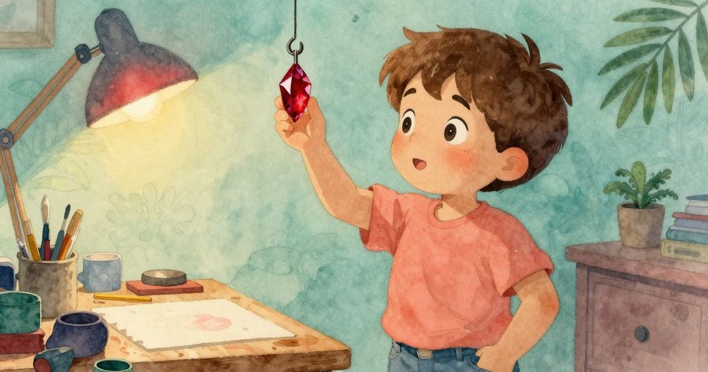 凱恩伸出手輕觸懸掛的紅寶石碎片，柔和紅光在描圖紙上展現，充滿神秘與細膩的探索感。