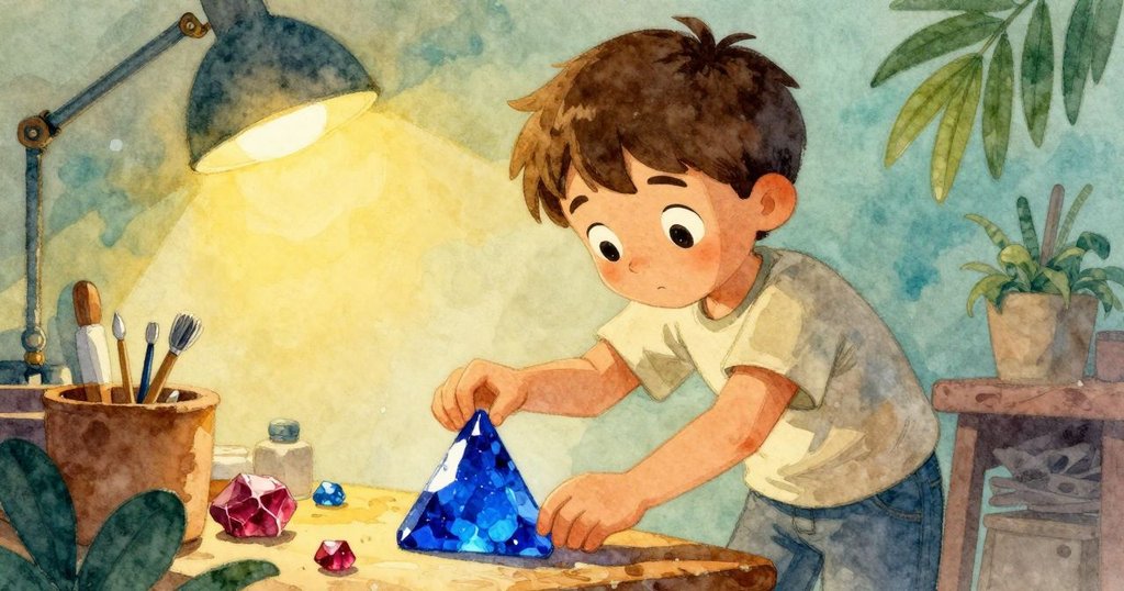 凱恩從低角度仰望，正小心將藍色三角片放於閃光紅寶石碎片旁，展現堅定與好奇的目光。