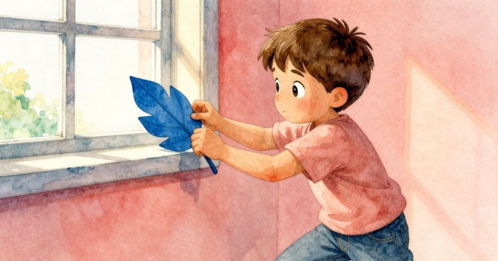 凱恩專注調整藍色三角片，試圖使紫色條紋與窗外樹葉對齊，展現內心堅定與隱約的困難。