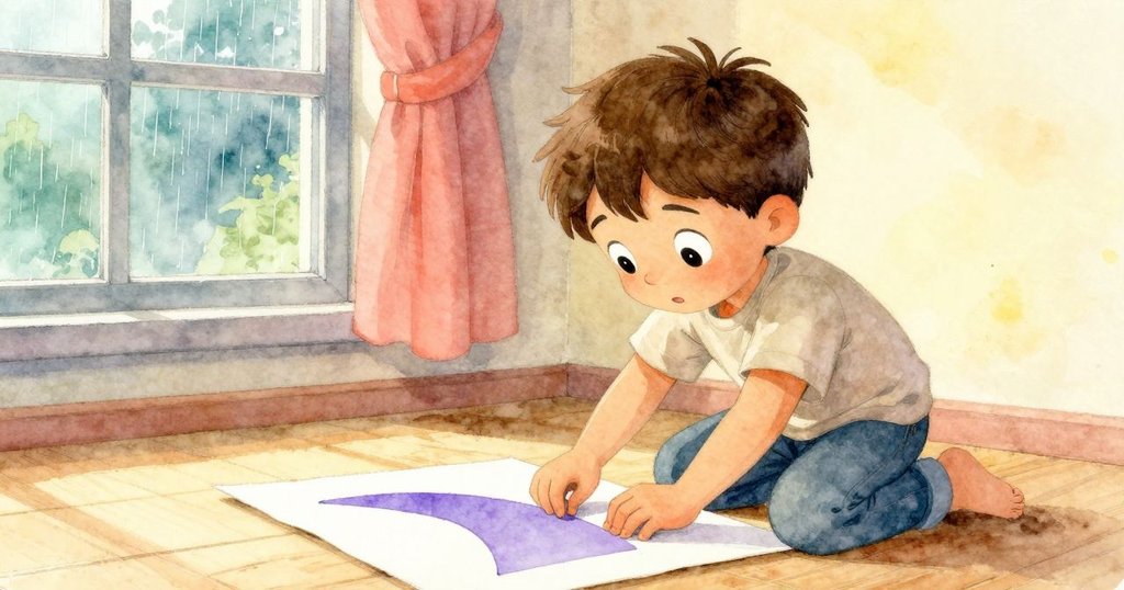 凱恩輕按黏土，見證描圖紙上穩定的紫色光弧投射；窗外雨滴與冰雹節奏感強，象徵創意與自然和諧共舞。