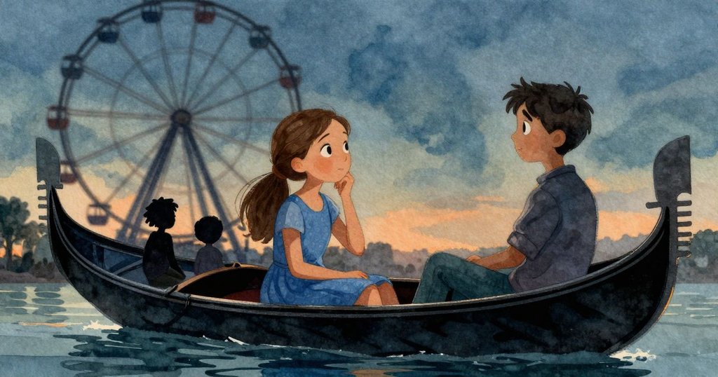 奧拉與布拉姆在摩天輪小艙內以剪影出現,背景燦爛夕陽映照下,奧拉握著鉛筆,布拉姆輕敲地板,充滿動感