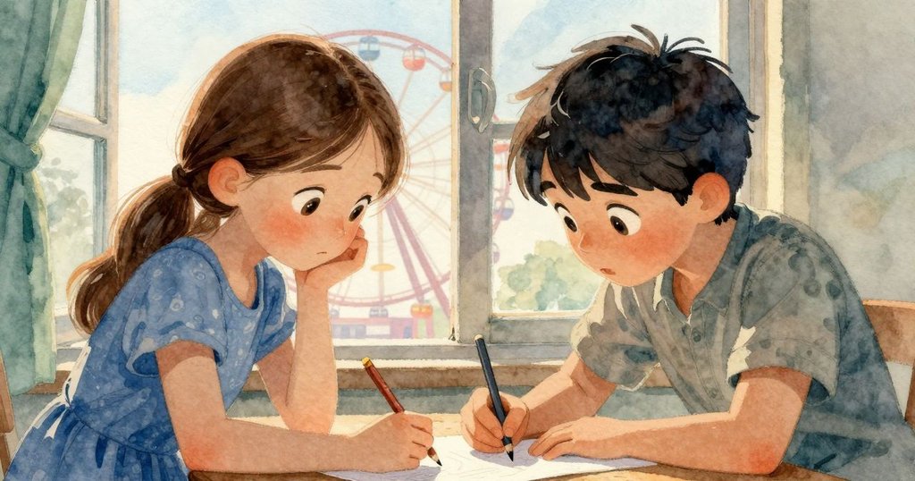 奧拉專注於鉛筆畫,特寫她的表情流露思索與驚奇,窗外透光映出摩天輪結構,情景細膩