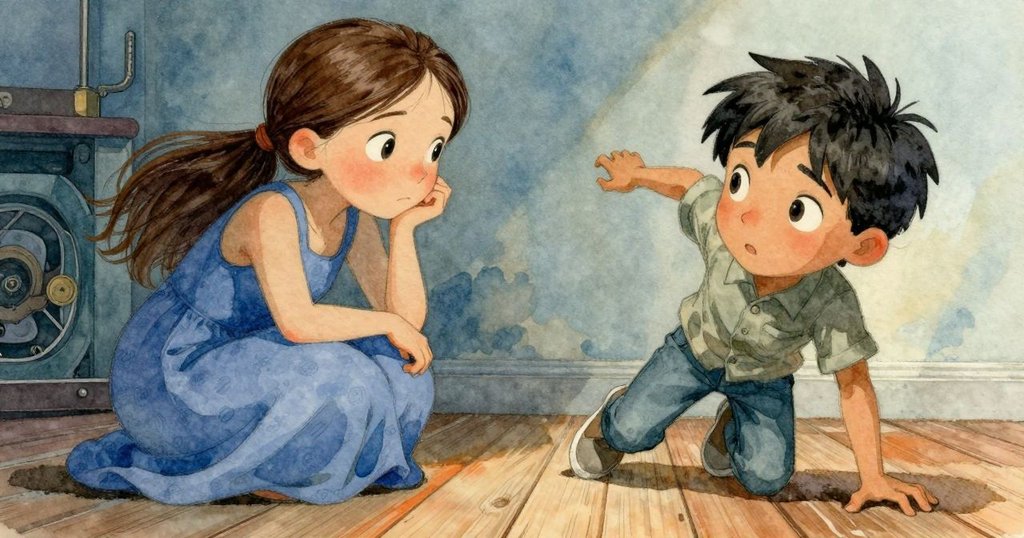 布拉姆從低角度呈現,正隨著摩天輪節奏敲打地板,他的動作與艙內機械細節相輝映,充滿活力