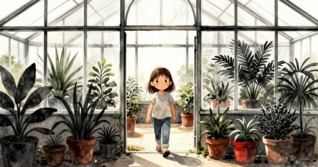 Verity 穿越溫室大門進入生機盎然的環境，植物繁盛，光線溫暖，充滿好奇心。