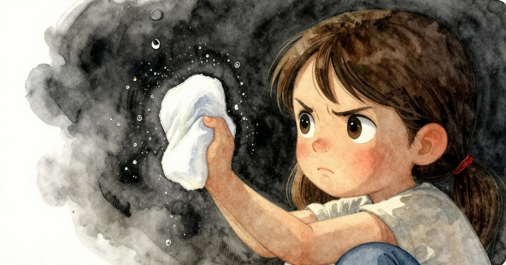 Verity 正在擦拭玻璃窗上的水珠，眼神中透露好奇與專注，細節豐富，光線柔和。