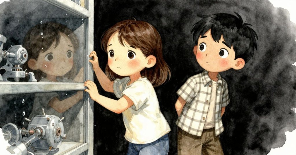 玻璃反射中展現Verity與Niall調整花盆與機械架的動作，水珠映出細緻變化，增添神秘感。