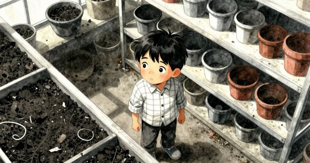 從高處俯瞰溫室內部，Niall 膝蓋碰著堆肥，排列整齊的花盆和機械架展現出巧妙設計，陽光柔和。