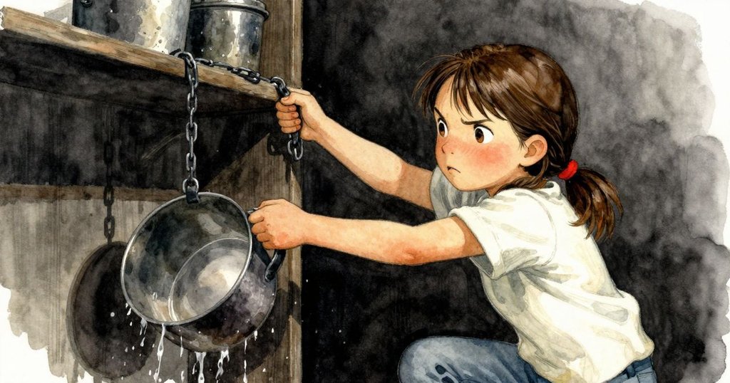 Verity 將花盆推向架子邊緣，引發連鎖反應，鏈條微動水滴灑落，動作精確而充滿張力。