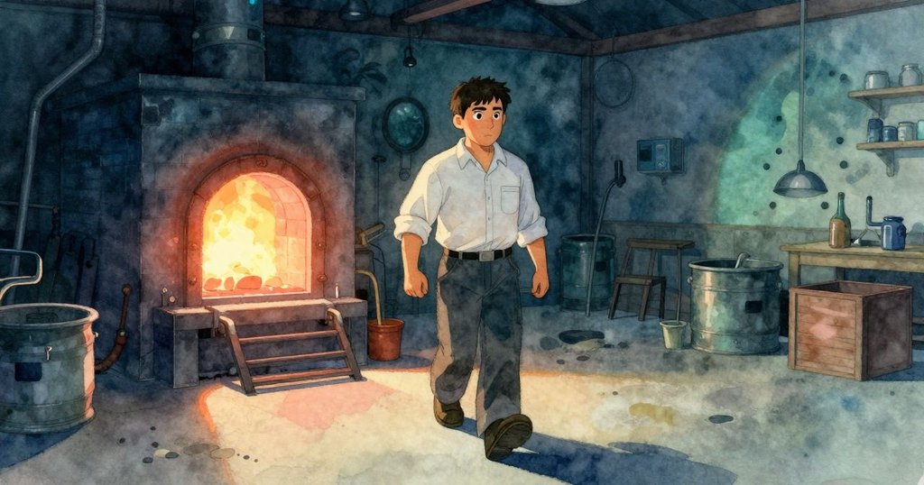 哈里斯走進工坊，向爐門走去，爐心光芒與陰影交錯，展現堅定與期待的情緒。