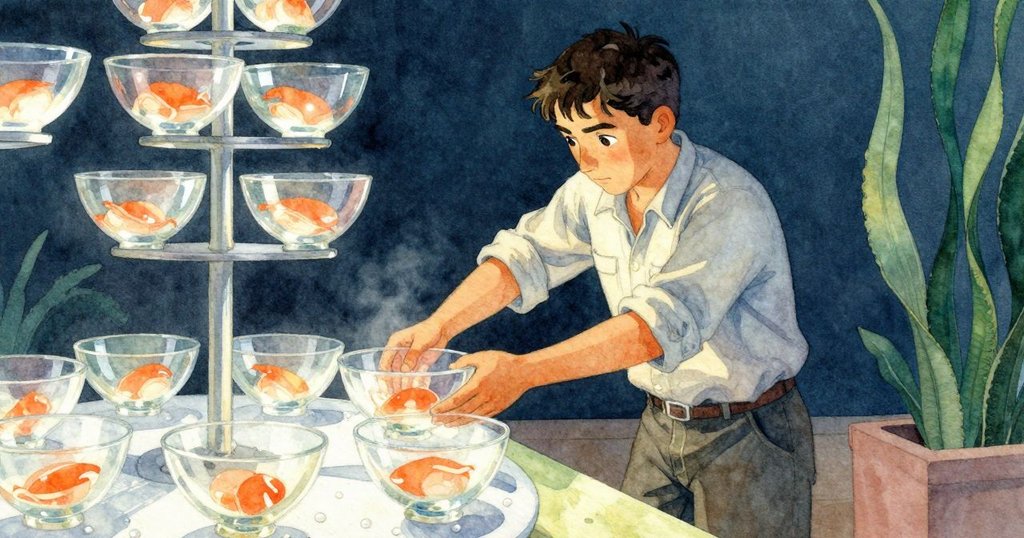 哈里斯注視展示架上旋轉的玻璃碗，夕陽橘光映照，偏移的碗增添神秘氛圍。