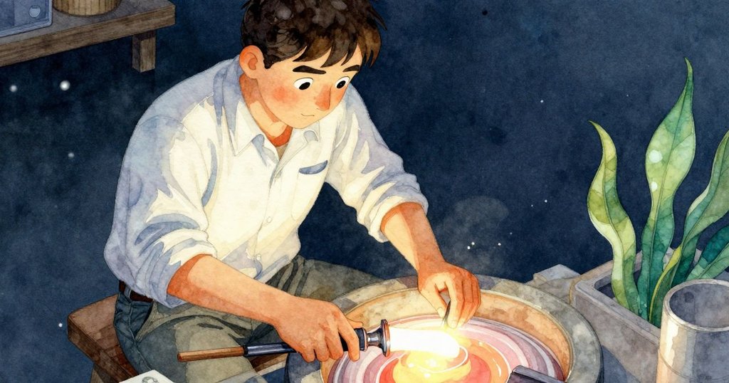 從俯視角度看，哈里斯正專注操作熔融玻璃，手勢穩健，工坊桌面呈現溫暖光影與細膩質感。