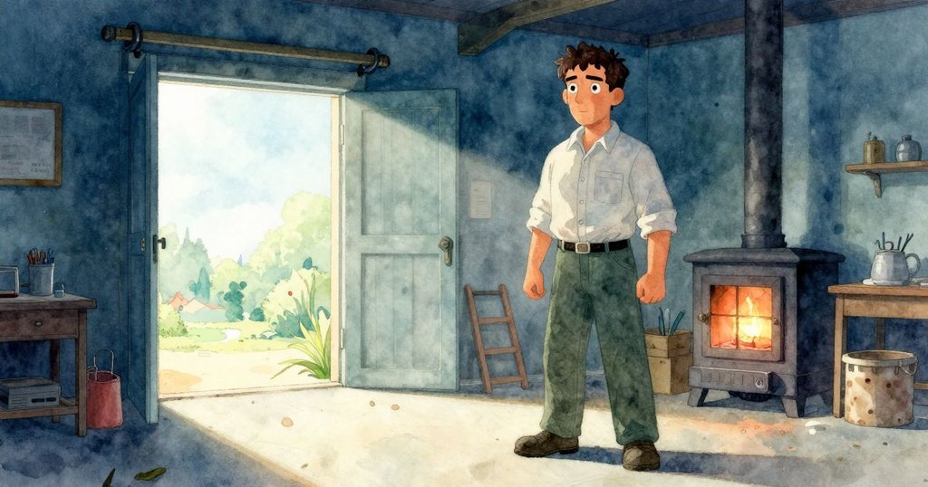 隨著時間推移，工坊內爐火溫光與門外涼風交匯，哈里斯平靜調整工作，整體氛圍柔和轉變。