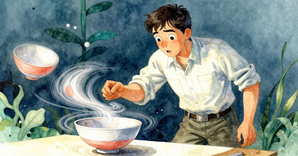 哈里斯驚訝地停止手中操作，注視旋轉玻璃碗輕微擺動，一頁素描被風輕揚，流露專注與驚奇。