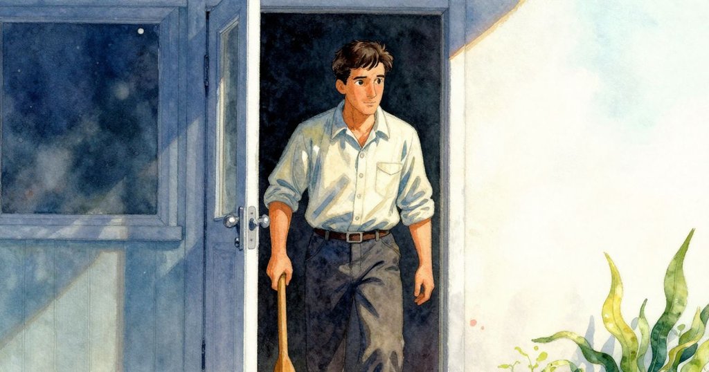 哈里斯帶著木拍從背後前行，踏向開放門口，溫暖與涼爽光線交織，透露堅定與新起點的希望。