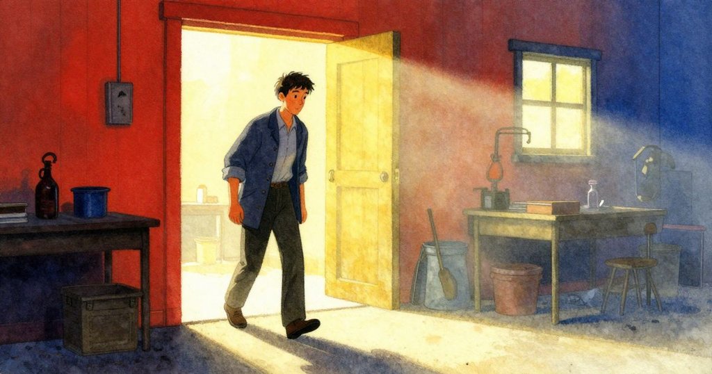 皮爾斯踏入工房, 踏過狹窄台階, 透過晨霧與燈光營造溫柔氣氛, 表情平靜