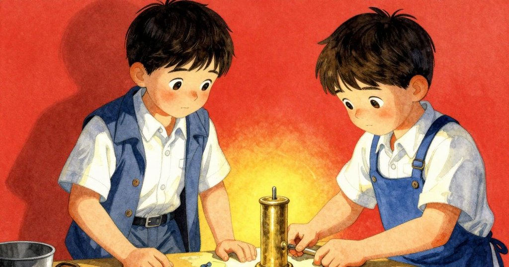 皮爾斯專注擺放銅圓筒, 工具反光閃爍, 細節清晰呈現故事重要物件