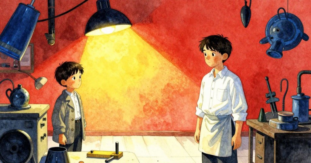 工房內物件奇異排列, 銅圓筒、放大鏡、梳子與木屑構成超現實空間, 燈光投下神秘陰影