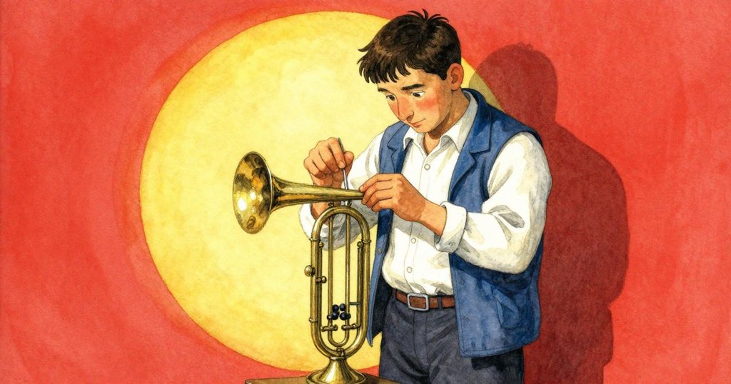 皮爾斯彎身調整銅圓筒上釘子, 臉上流露專注與疑慮, 溫暖燈光強調關鍵瞬間