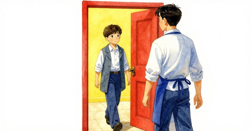 皮爾斯朝街門走去, 回望放大鏡與梳子, 裘德以柔和動作致意, 場景流露靜謐情感