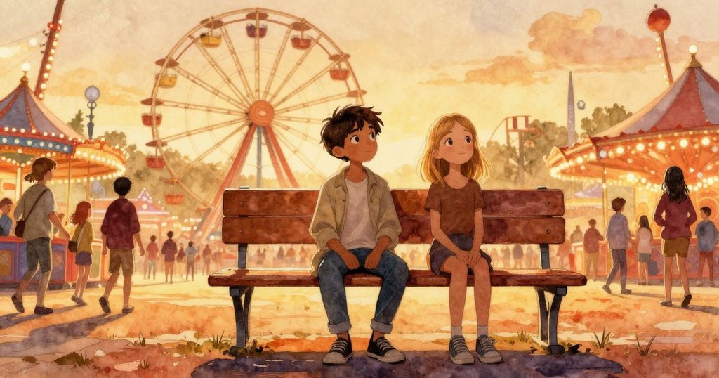 Rafe與Britt在摩天輪中坐著,包中物品展現細節,周遭人潮熙攘,整體氛圍溫暖明亮