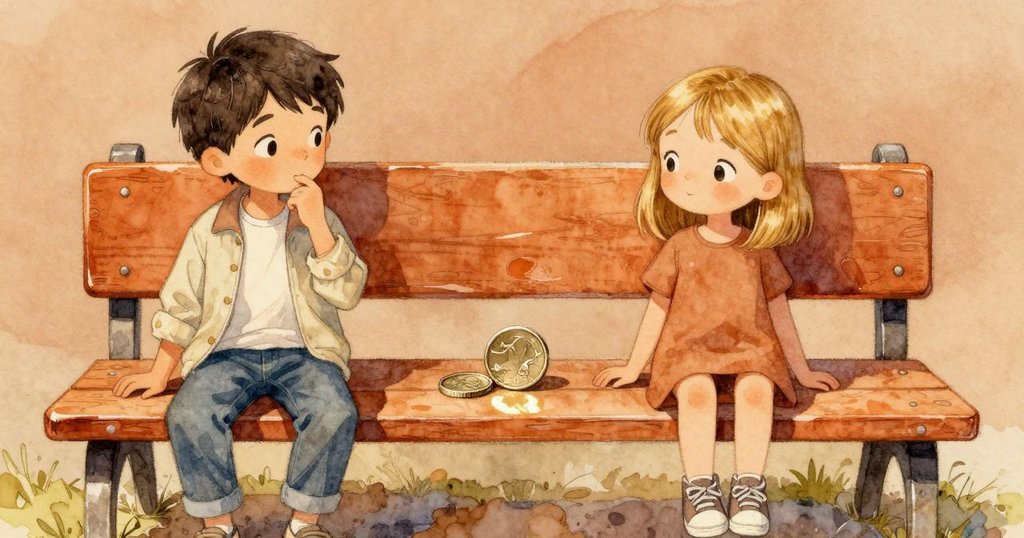 鏡頭特寫展示硬幣在光滑木椅上閃爍,Rafe的手輕觸物件,呈現溫暖細膩情感