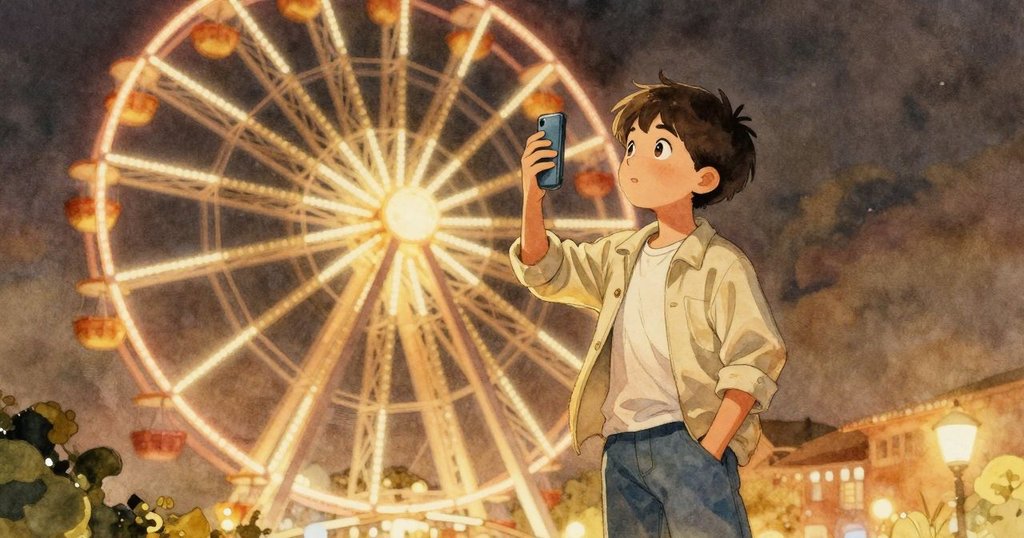 Rafe在摩天輪頂端低角度定格照片,燈光輝映下展現堆疊景致,眼神中流露驚奇與堅定