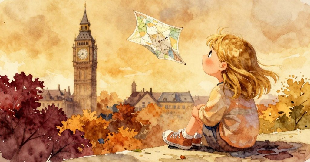 Britt凝望遠處鐘樓,微風掀起手中地圖角落,秋日金光灑下,展現溫暖柔和氣氛