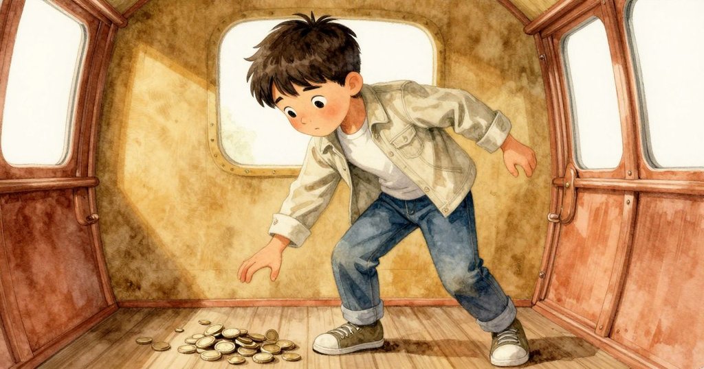 Rafe急速彎下身體追趕滑落的硬幣,摩天輪內部輕微搖曳中展現追逐動作與緊張情緒