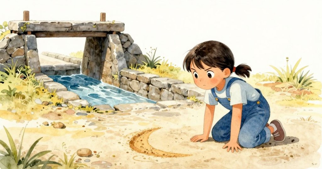 史黛拉在露天石渠旁研究半月痕跡，跪在石徑上，動作專注，背景有古老的水閘和晨光，故事開始。