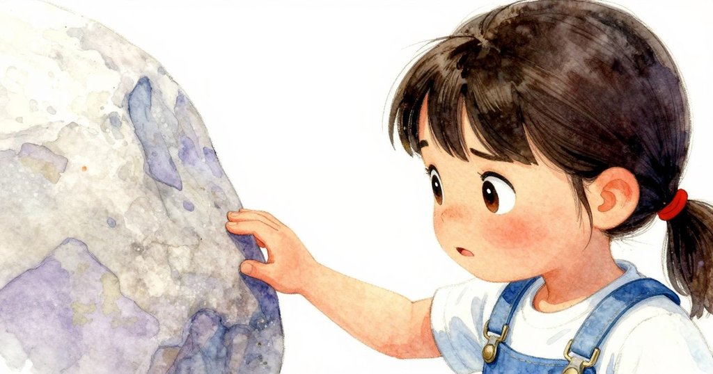 史黛拉專注凝視半月痕跡，手指輕觸濕潤泥土，表情認真，細節刻畫出好奇心。