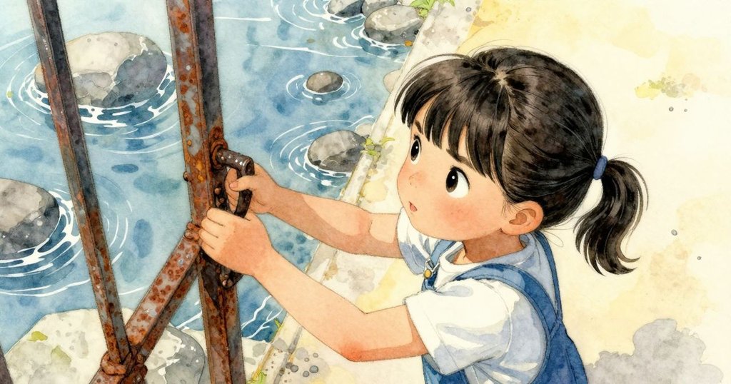 史黛拉從上方俯視圖中雙手觸碰生鏽手柄，動作細膩，背景呈現流水與石塊細節，充滿探索感。