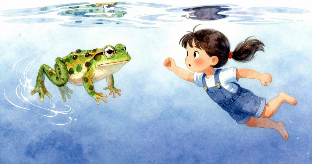 在清澈流水中，一隻青蛙躍起撥動銀光漣漪，水閘近旁景致生動，展現自然水下奇景。