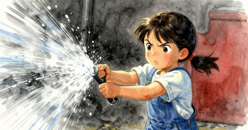 史黛拉在湍急流水與堅硬木門間緊握生鏽手柄，表情堅毅，場景充滿緊張與懸念。