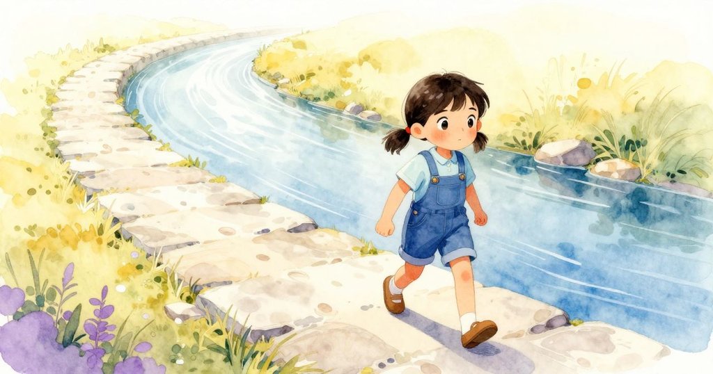 史黛拉沿石徑向下行走，步履輕盈留有腳印，背景流水與晨光溫暖，象徵故事新篇章。