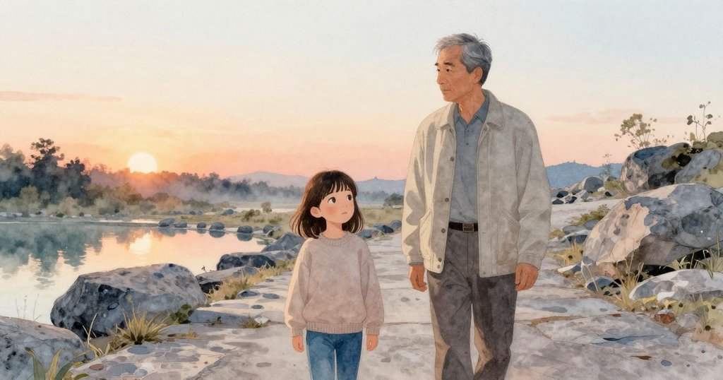 Neve在黎明時分站在花崗岩小徑上，觀察正調整魚竿的漁夫，背景有解凍池塘與樹木，神情平靜充滿期待