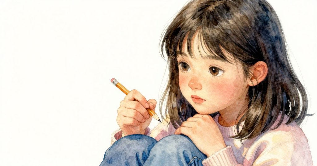 Neve專注地看著畫板，手持鉛筆，臉上流露出驚奇與思索，背景柔和展現自然景致