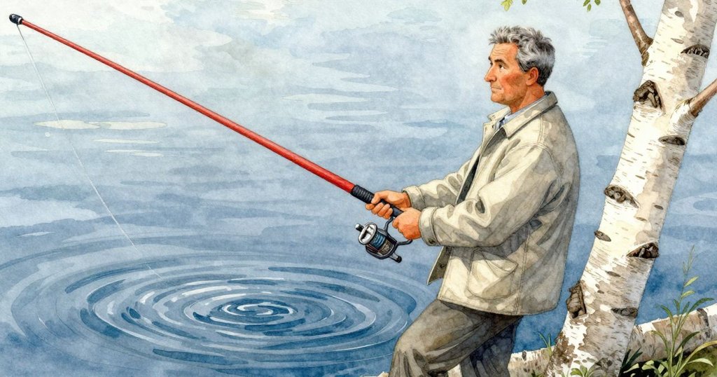 漁夫在斜角構圖中穩住魚竿，背景冰層融化產生動態水波，整體氣氛寧靜卻充滿生氣