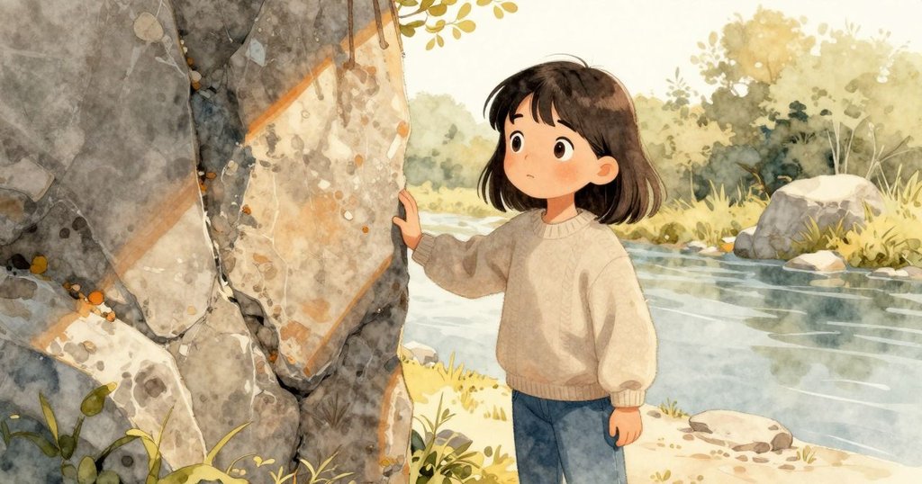 Neve仔細觸碰石灰岩柱表面，輕敲粗糙處展示自然歷史，周圍融水與光影相映，情感細膩