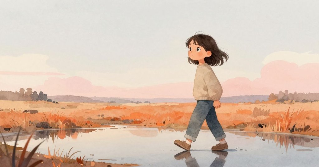 Neve走過倒影池邊，背景石柱與廣闊景緻營造出未完冒險氛圍，臉上帶著期待與堅定神情