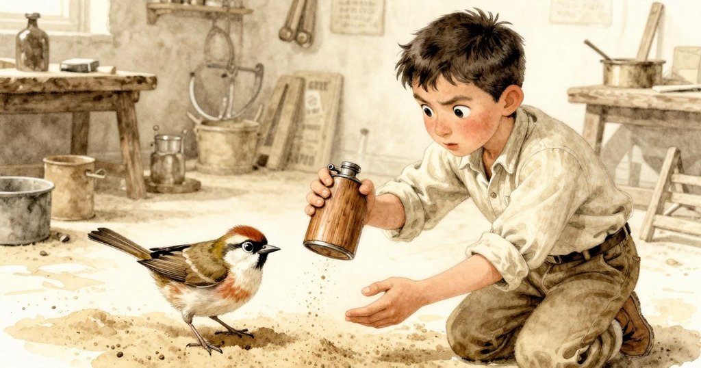 Hector傾倒木製瓶子散落砂紋，工廠內眾多小鳥飛舞，現場熱鬧溫暖，充滿忙碌與活力