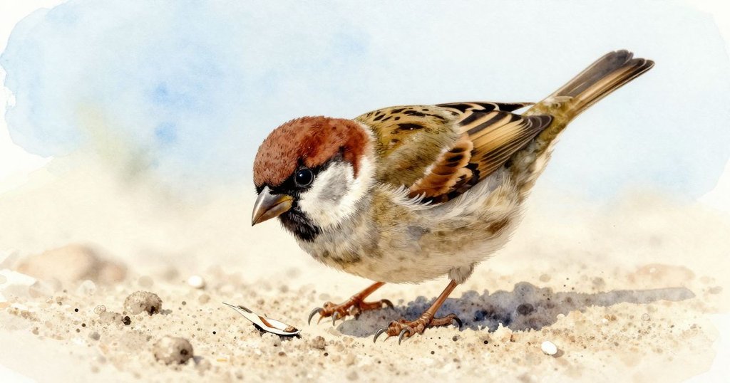 Hector靴子旁砂上，麻雀集中啄取涼鐵片，金屬質感與沙粒細緻對比，呈現溫柔光線