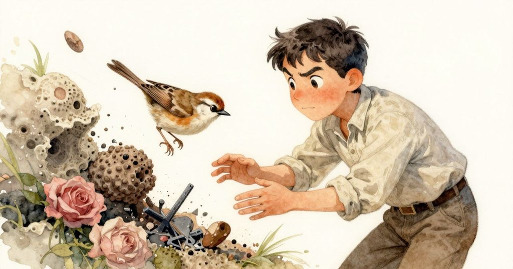 Hector蹲身觀察彎曲工件與鐵片組合，麻雀飛舞穿越扭曲陰影，現場呈現夢幻幾何感與溫暖光芒