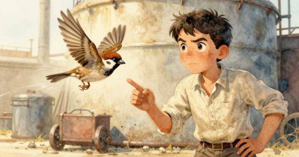 麻雀在熱浪中優雅飛行留下運動軌跡，Hector目光專注充滿好奇，背景工場發散暖光與動感