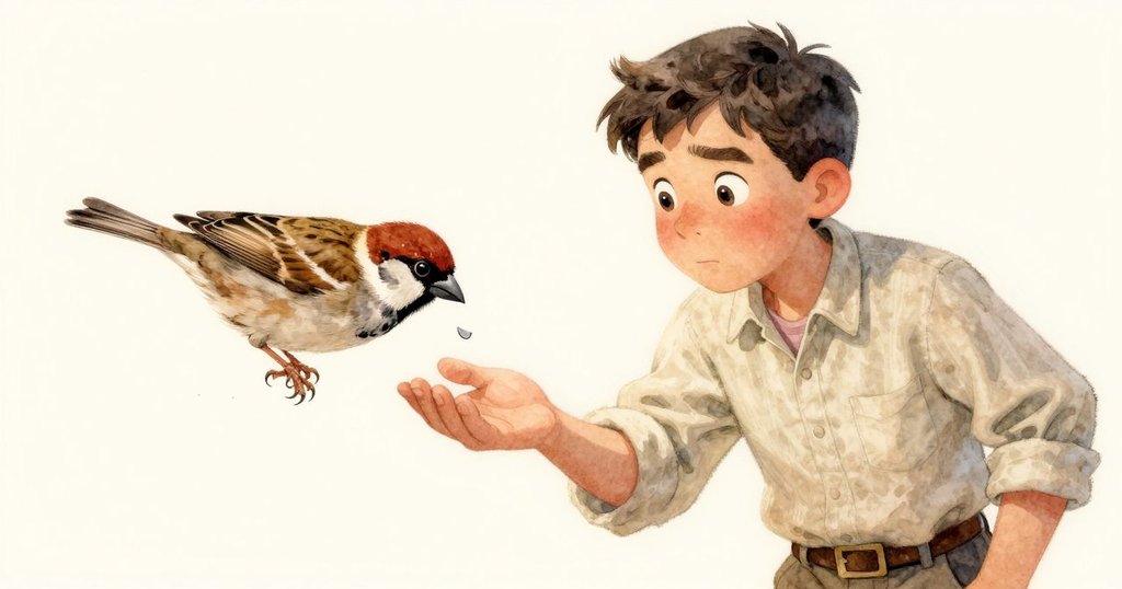 Hector低頭微笑注視麻雀輕放小鐵片於陰影處，其手觸及砂與金屬細節，呈現溫柔交流與驚奇