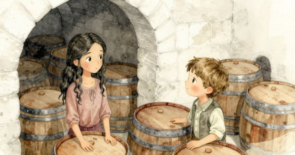 Gemma與Paul在低地下室俯瞰橡木桶陣列，光線柔和，展示神秘古老空間與探索情緒