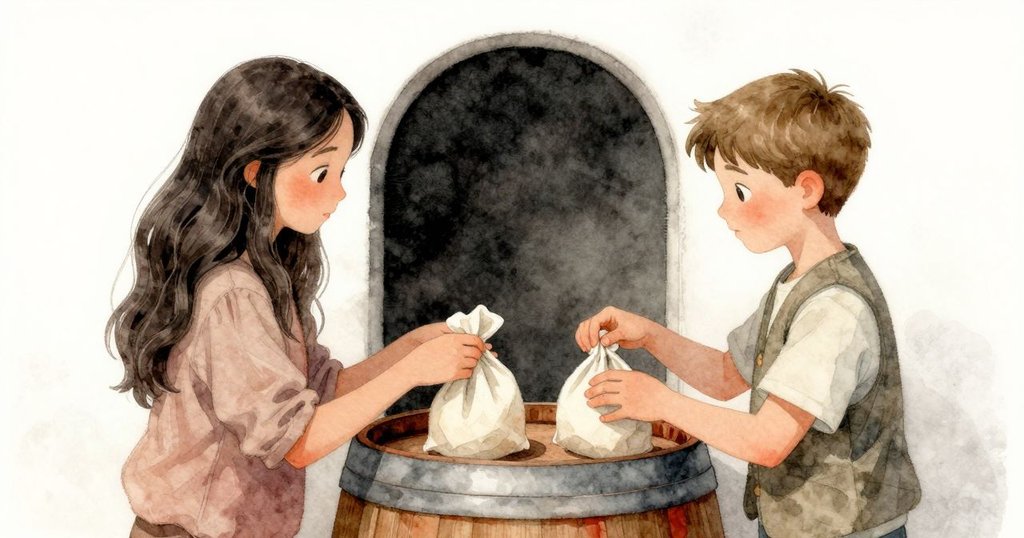 Gemma與Paul透過門縫專注操作，將果醬包投入木桶中，神情認真，室內光影柔和呈現神秘儀式