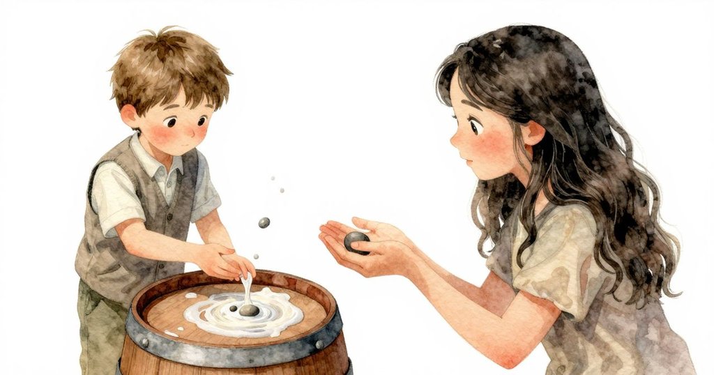 Gemma與Paul從高處俯視木桶，石子落下引發液體變化，展示驚訝與期待的神秘轉折